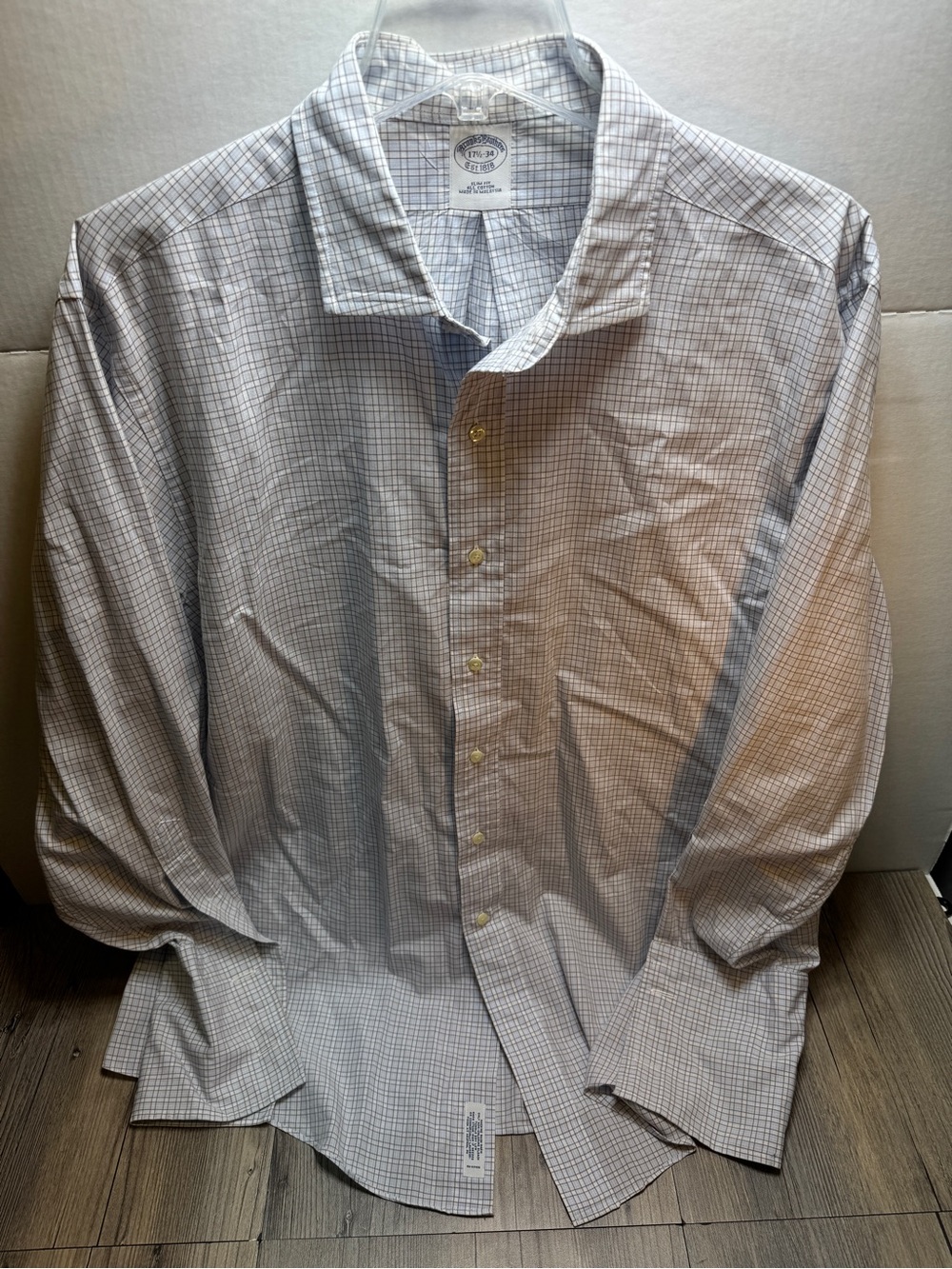 Brooks Brothers Slim Fit All Cotton men's blue checkered Dress shirt Sz 17.5-34
